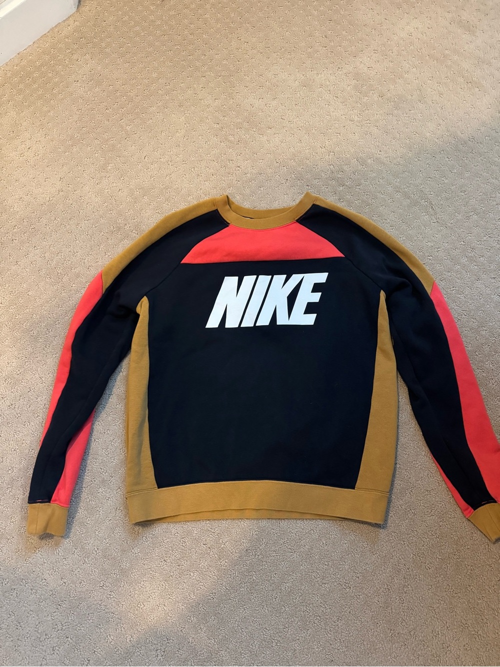Nike Colorblock Crewneck Sweatshirt in Black, Tan & Coral
